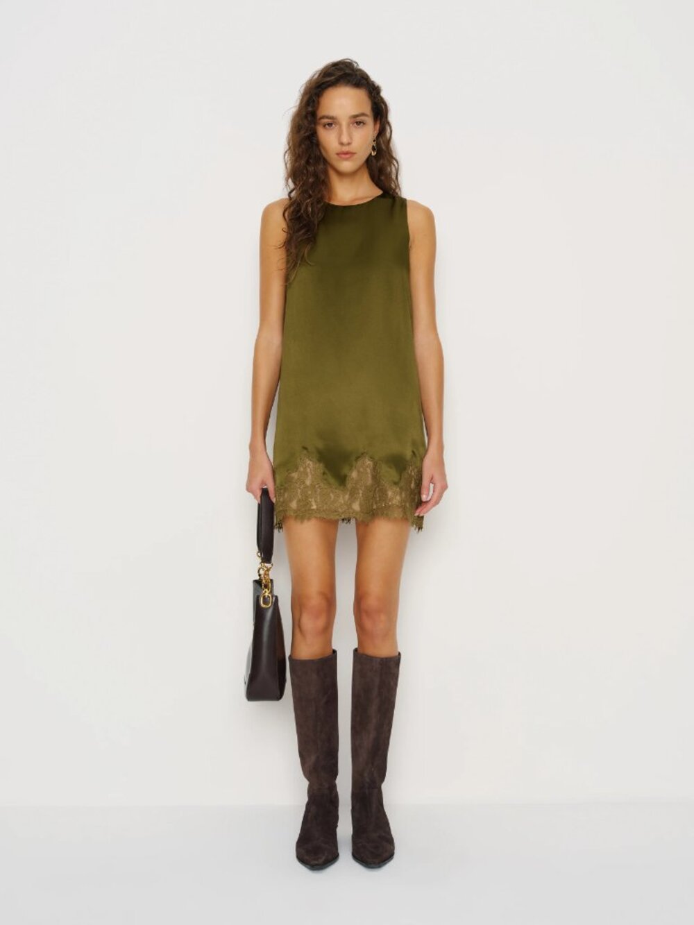 Reformation Jessalyn Olive Green Silk Mini Dress with Lace Trim NWOT - Picture 4 of 6